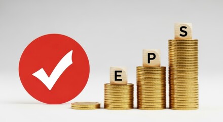 A red circle with a white checkmark symbol sits next to stacks of gold coins, with wooden blocks spelling out eps on top, symbolizing financial success and growth