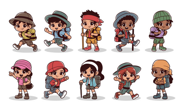 Kids hikers character vector graphic illustration set