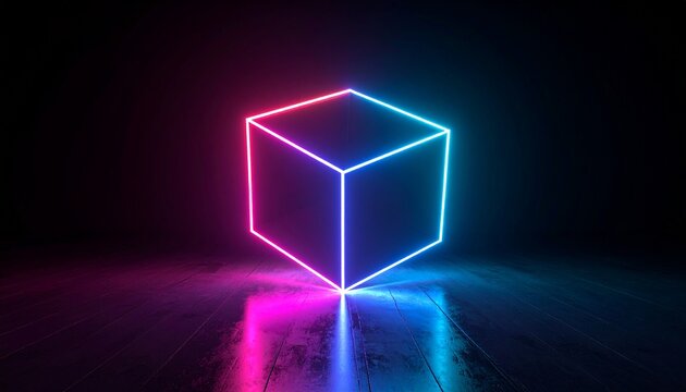 A glowing neon cube with vibrant pink and blue light balanced on a dark, reflective surface.