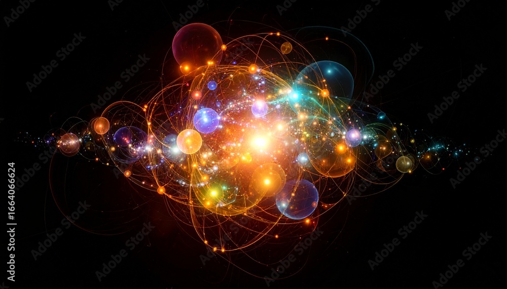 Aufkleber an abstract visualization of atomic structure with glowing particles and orbiting elements on a blac
