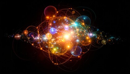An abstract visualization of atomic structure with glowing particles and orbiting elements on a black background.