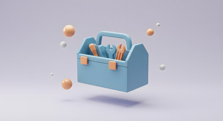 3D Minimalist Blue Toolbox with Hand Tools Floating. Repair, Service, and Maintenance Concept Illustration on Soft Background.