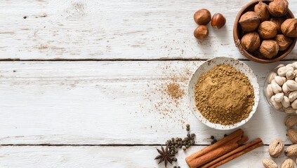 Flat lay of spices and nuts on a white wooden surface