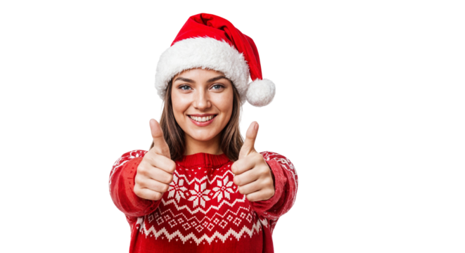 Title: "Woman in Santa Hat Giving Thumbs Up"
 - Powered by Adobe