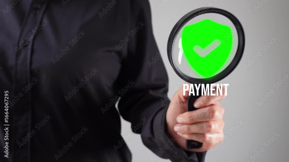 Aufkleber secure payment analysis, animation of a shield with a check mark and the word payment, while a busin