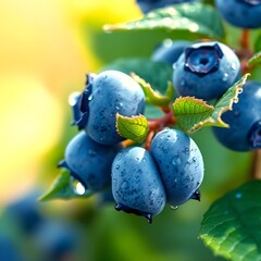 Morning Dew on Blueberry Leaves: Macro Photography of Fresh Droplets & Vibrant Green Foliage with Natural Backlighting