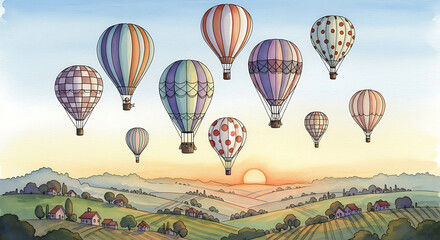 Fototapeta premium Illustration of many hot air balloons floating over a landscape at sunrise or sunset scene