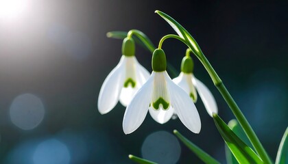 Fototapeta premium Delicate white snowdrop flowers, with vibrant green stems, are highlighted against a soft, dark backdrop.
