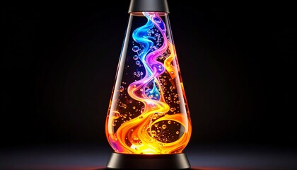 Colorful lava lamp with blue, purple, and orange wax on a black background.