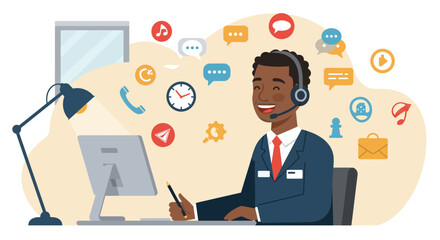 Smiling Customer Service Representative with Headset and Computer.