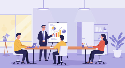 Business Team Meeting with Presentation and Charts.