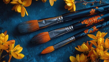 Artistic paintbrushes surrounded by vibrant yellow flowers on a textured dark blue surface