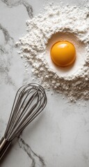 A single egg yolk nestled in flour, beside a whisk