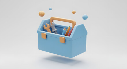 Stylized 3D Blue Toolbox with Essential Repair Tools. Maintenance, Service & Support Concept.