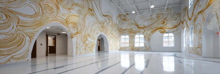 Spacious white interior with swirling gold mural