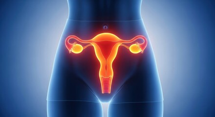 A glowing, anatomical illustration of the female reproductive system, highlighting the uterus and ovaries within a stylized human silhouette
