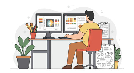Graphic Designer Working on Dual Monitors at Desk.