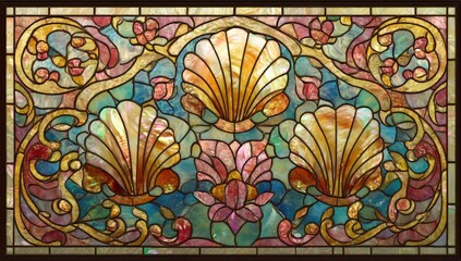 Stained glass panel with ornate floral and shell motifs