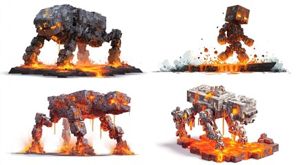 Four digital renderings depict quadrupedal and bipedal rock creatures, seemingly made of stone and lava, traversing fiery, molten ground.  Glowing, fiery textures are prominent