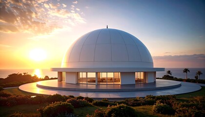 Obraz premium A stunning white dome structure, situated on a hilltop overlooking the ocean, bathed in the warm hues of a sunset.