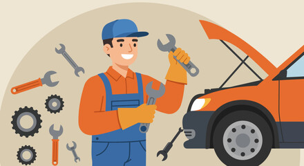 Smiling Mechanic Holding Wrench Near Orange Car.