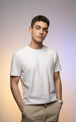 A professional studio portrait of a young man against a gradient background that transitions from light purple to beige.