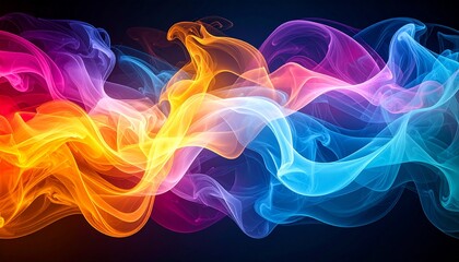 Colorful abstract smoke waves flowing across a dark background, creating a vibrant visual effect.