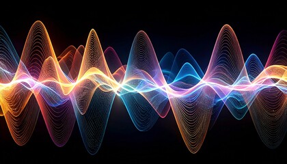 Vibrant abstract wave patterns glowing with multiple colors against a dark background, representing sound or digital signals.