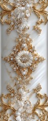 Ornate white and gold decorative design with detailed floral and gem-like embellishments