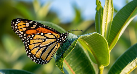 Fototapeta premium A monarch butterfly resting on a green leaf with water droplets in a natural outdoor setting