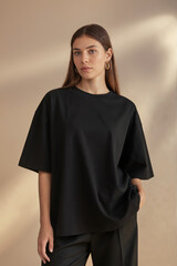 A fashion photography shot of a young woman wearing an oversized black t-shirt against a beige background. The t-shirt has wide, loose-fitting short sleeves and a relaxed crew neckline. 