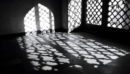 Monochrome Lattice Window Shadow Pattern on Wooden Floor with Soft Edges