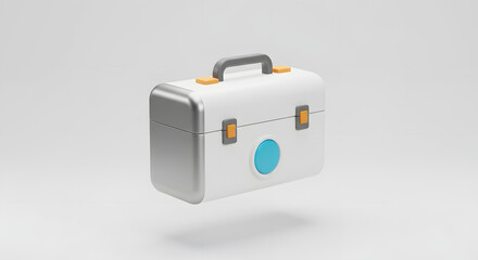 Modern 3D White Briefcase Toolbox Icon with Orange Handle & Blue Button. Business, Repair, or Utility Concept.