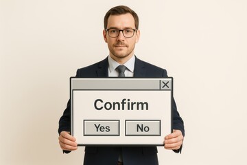 Decision Prompt: A man holds a Confirm prompt sign, highlighting choices. The image captures a moment of decision-making, choice, and the importance of confirmation.