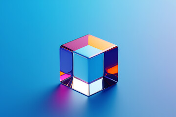 Obraz premium Transparent cube with colorful reflections on blue background 1