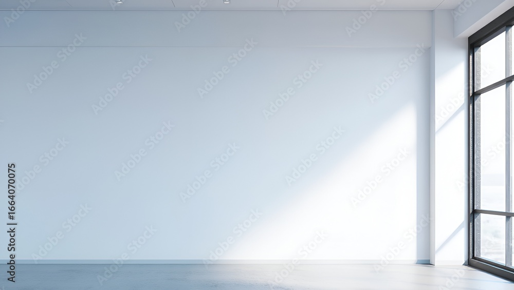 Poster sunlight streams into an empty, minimalist room, creating a serene and airy atmosphere