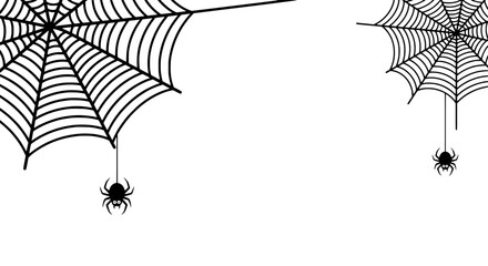 Detailed vector illustration of two spooky black and white spider webs with hanging spiders, ideal for Halloween, eerie nature themes, or decorative creepy designs