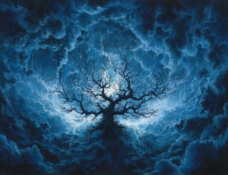 Dark tree silhouetted against a stormy, deep blue sky - Powered by Adobe
