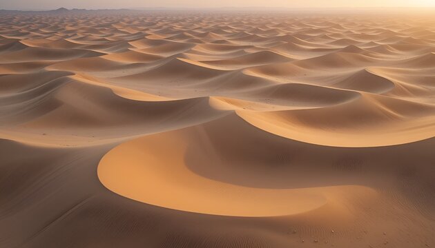 Serene golden sand dunes undulate across a vast desert landscape at warm sunrise creating peace
