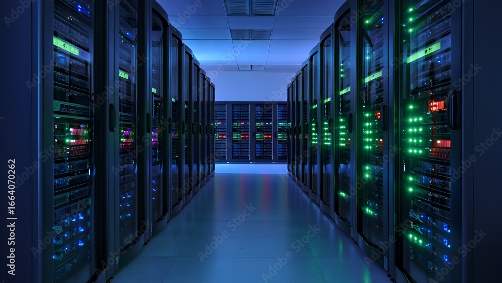 Poster server room showcases data center infrastructure with rows of illuminated network equipment.