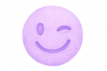 Playful purple emoji winking, expressing joy with vibrant character against transparent backdrop