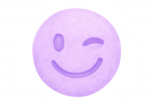 Playful purple emoji winking, expressing joy with vibrant character against transparent backdrop