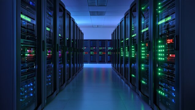 Server room showcases data center infrastructure with rows of illuminated network equipment. - Powered by Adobe