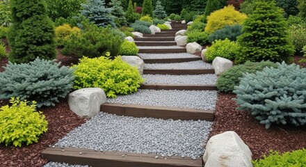 A beautifully landscaped garden features a winding pathway with stone steps and wooden borders, surrounded by lush green and blue evergreen shrubs and trees