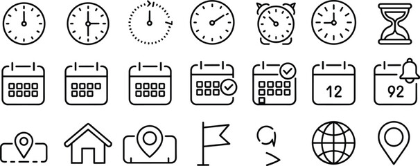 Time and calendar icons collection, clock reminder, schedule event, deadline management, date planner, location pin, home navigation, global map illustration