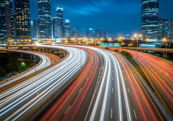 Fototapeta premium Night City Expressway, Light Trails, Urban Skyline.
