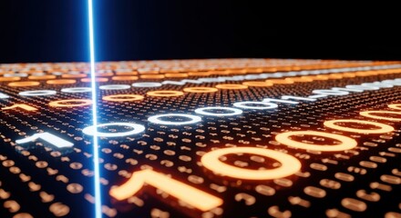 A glowing digital landscape of binary code, with a bright blue laser beam cutting through the data stream, representing futuristic technology and information flow