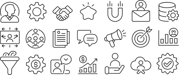 Business marketing icons set, customer relationship management, teamwork communication, growth analysis, digital strategy, success achievement, financial progress, online branding illustration
