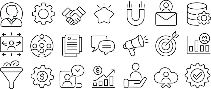 Business marketing icons set, customer relationship management, teamwork communication, growth analysis, digital strategy, success achievement, financial progress, online branding illustration