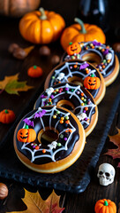 Delicious Halloween Donuts with Spooky Decorations and Autumn Leaves.